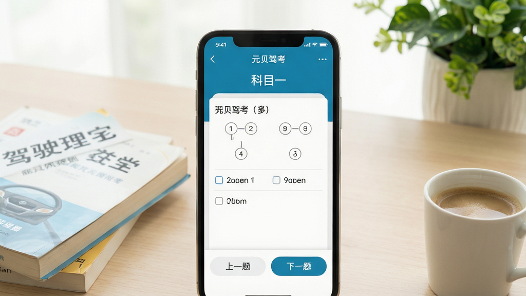 画面主体为一部智能手机屏幕占据视觉中心,屏幕内清晰展示“元贝驾考”APP的答题界面,上方显示“科目一”字样,中部为一道选择题与四个选项,底部有“上一题”“下一题”按钮。手机旁散落几本驾驶理论教材与一杯咖啡,背景为浅色桌面与柔光绿植。整体排版干净明亮,风格写实清晰,细节展示APP界面文字“元贝驾考”,画质高清,干净无多余元素。