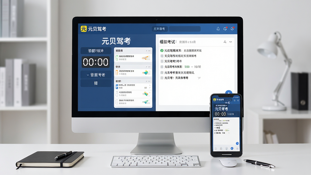画面主体为电脑显示器与手机并排摆放,屏幕中同时显示“元贝驾考”模拟考试界面,左侧为倒计时与答题卡,右侧为试题区域。桌面整洁,周围有笔记本与笔,背景为简约书房。排版对称,风格现代商务,细节突出“元贝驾考”界面文字与数据图表,画质高清,干净无多余装饰。