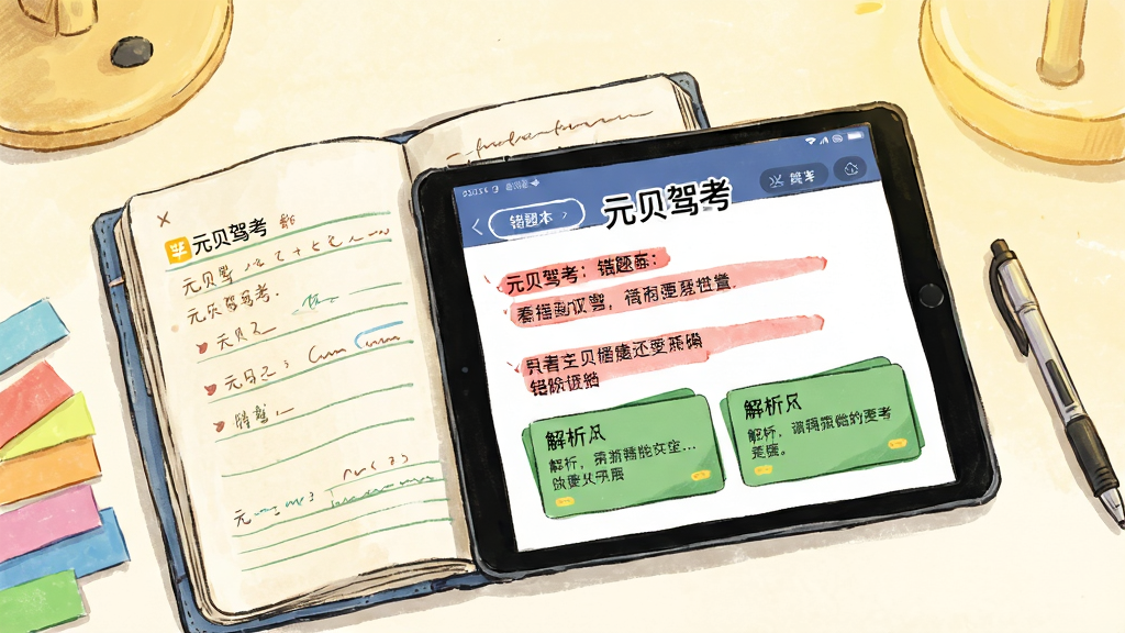 画面主体为打开状态的学习笔记本与平板电脑,平板内显示“元贝驾考”错题本界面,错题以红色标注,下方附有绿色解析卡片。桌面上有彩色标签纸与签字笔,背景为淡黄色暖光。排版错落有致,风格清新手绘感,细节突出“元贝驾考”界面与笔记内容,画质高清,干净整洁。