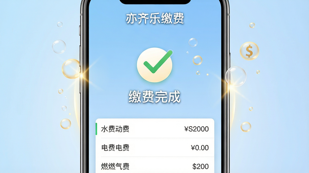主体为手机支付成功界面,屏幕中央显示对勾图标与“缴费完成”字样,下方列出水费、电费、燃气费三项明细,背景为浅蓝色渐变,界面顶端有“亦齐乐缴费”字样,布局居中对称,排版简洁,风格商务大气,细节包括金色光效与微小气泡,画质高清,干净无多余元素