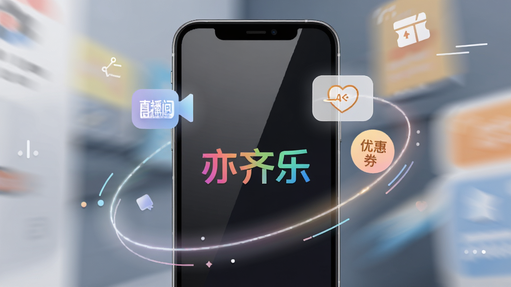 主体为一部亮屏的智能手机,屏幕中央显示“亦齐乐”彩色渐变logo与悬浮的功能图标(直播间、健康管理、优惠券),手机周围环绕柔和光效与简约的线条元素,布局采用居中构图,排版干净留白,风格现代扁平化,细节包括屏幕反光与动态模糊背景,画质高清通透,干净无多余元素