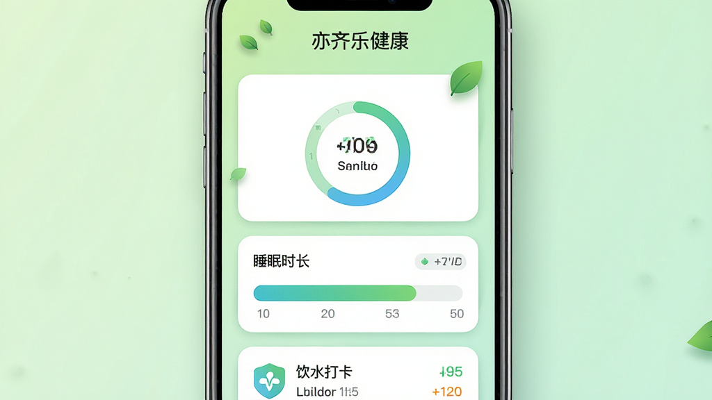 主体为手机健康数据看板界面,展示步数环形图、睡眠时长条与饮水打卡列表,背景为浅绿色渐变,界面顶端有“亦齐乐健康”字样,布局采用卡片式纵向排列,排版清晰,风格清新简约,细节包括小绿叶装饰与柔和阴影,画质干净明亮,无多余元素