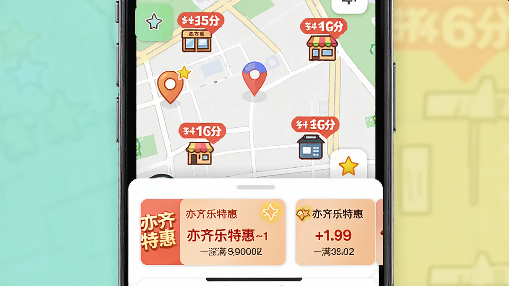 主体为手机地图页面,上面分布着多个带折扣标签的商户图标,底部弹出优惠券卡片列表,卡片上显示“亦齐乐特惠”字样与满减金额,布局采用地图占上方、卡片占下方,排版直观,风格活泼多彩,细节包括定位箭头与星星点缀,画质清晰,干净无多余元素