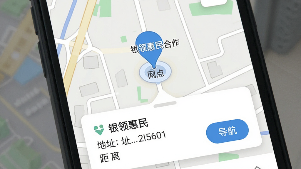 一幅手机地图导航界面,地图以浅色系展示,中心位置标注“银领惠民”合作的网点标记,下方弹出网点详情卡片,显示网点名称、地址、距离及“导航”按钮,界面简洁,信息明确,整体风格清爽,画质高清,无多余元素。