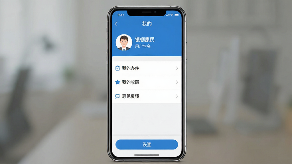 一张手机应用使用教程配图,屏幕显示“银领惠民”APP的“我的”页面,顶部为头像和用户名,下方为“我的办件”、“我的收藏”、“意见反馈”等列表项,底部有“设置”按钮,整体界面简洁清晰,采用蓝白配色,画质高清,无多余元素。