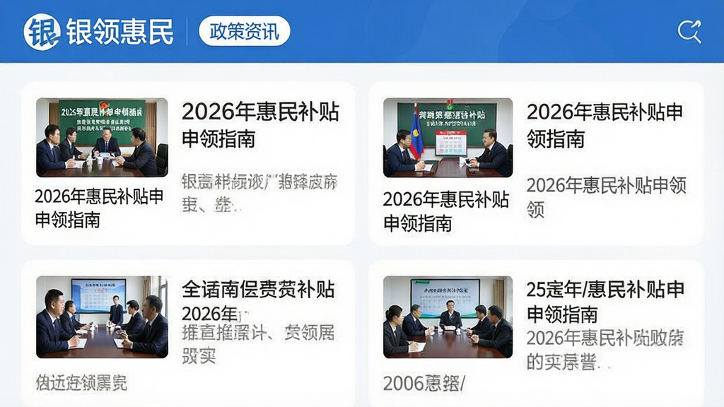 一款新闻资讯类APP界面,顶部显示“银领惠民”Logo和“政策资讯”标签,下方排列着带标题和摘要的新闻卡片,每张卡片配有小图,其中一条标题为“2026年惠民补贴申领指南”,整体布局整齐,色调以白色和蓝色为主,风格专业,画质清晰,无多余元素。