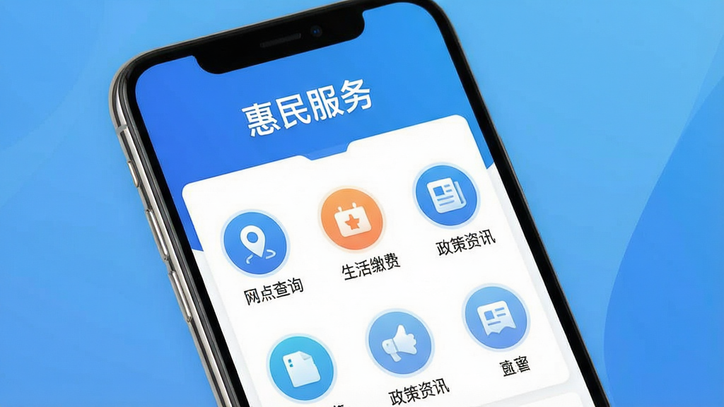 一张展示智能手机屏幕的图片,屏幕中清晰显示“银领惠民”APP主界面,界面采用蓝白配色,顶部有“惠民服务”字样,下方排列着“网点查询”、“生活缴费”、“政策资讯”等圆形图标,背景为简洁的渐变蓝色,整体风格现代、干净、明亮,突出便民服务的主题,画质高清,无多余元素。
