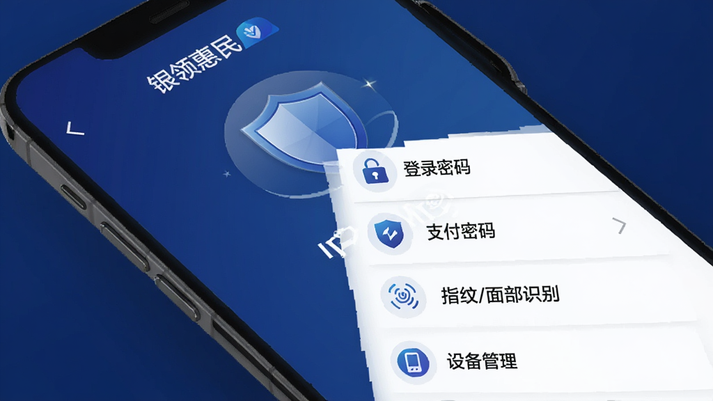 一张手机安全验证界面,屏幕中显示“银领惠民”APP的“安全中心”页面,包含“登录密码”、“支付密码”、“指纹/面部识别”、“设备管理”等选项,并配有盾牌图标,背景为深蓝色,整体风格安全、稳重,画质高清,无多余元素。