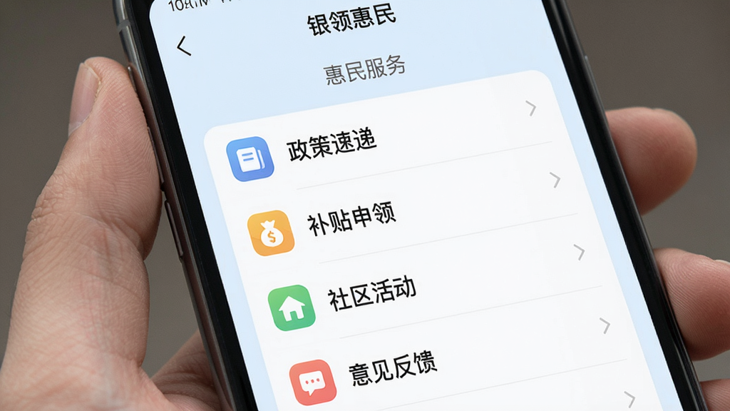 一张手机应用界面截图,屏幕上方显示“银领惠民”APP的“惠民服务”页面,以列表形式展示“政策速递”、“补贴申领”、“社区活动”、“意见反馈”等入口,每个条目配有简洁的彩色小图标,背景为淡蓝色,整体排版清晰直观,色彩柔和,画质高清,无多余元素。