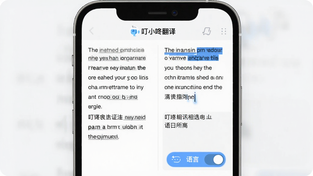 叮小咚翻译文本翻译界面截图风格展示,主体为手机屏幕居中,屏幕上显示英文段落与中文译文对照,顶部有“叮小咚翻译”文字标识,排版左右分栏,风格清爽简洁,细节有光标闪烁和语言切换按钮,画质细腻干净,无多余元素