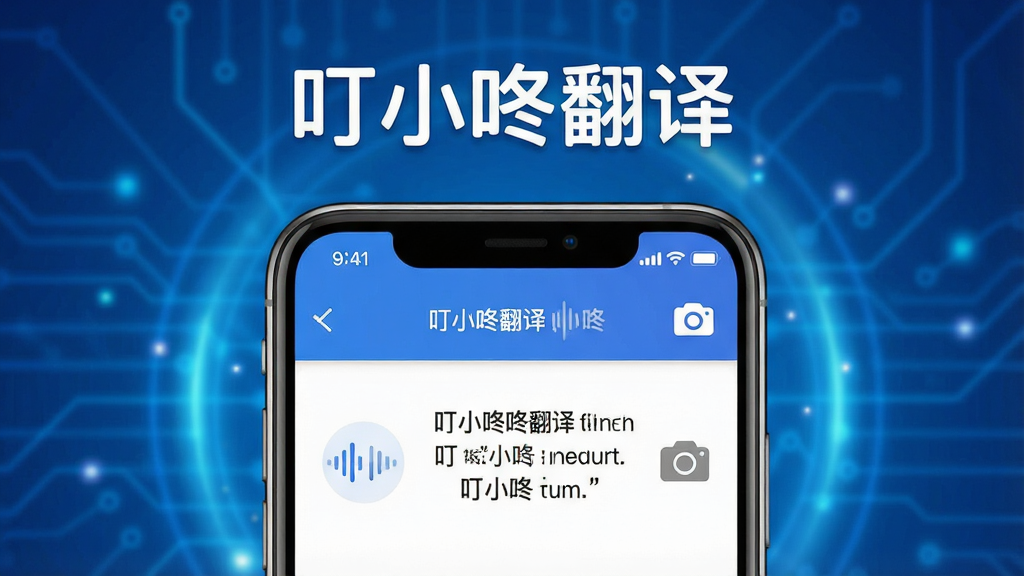 一张展示叮小咚翻译核心功能的宣传横幅,主体为智能手机屏幕特写,屏幕内显示中英互译界面,上方有“叮小咚翻译”品牌字样,背景为渐蓝色科技感光效,布局居中,排版简洁大气,风格现代扁平化,细节包含语音波形图标和相机图标,画质高清干净,无多余元素