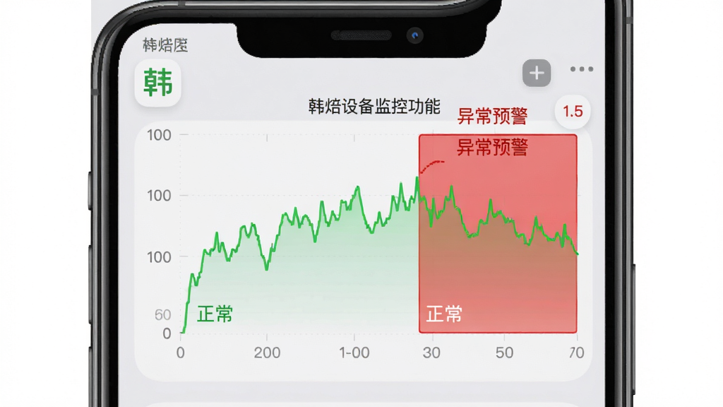 韩焙设备监控功能截图,手机界面显示烤箱当前温度曲线图,绿色线条表示正常波动,红色区域标示异常预警,背景为浅灰色,界面简洁清晰,图标圆润,画质干净,无多余元素