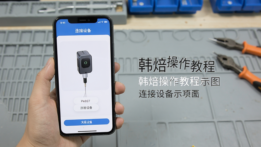 韩焙操作教程示意图,手机屏幕显示连接设备的步骤,旁边配有说明文字,背景为工作台面,画质清晰,排版整洁,干净无多余元素