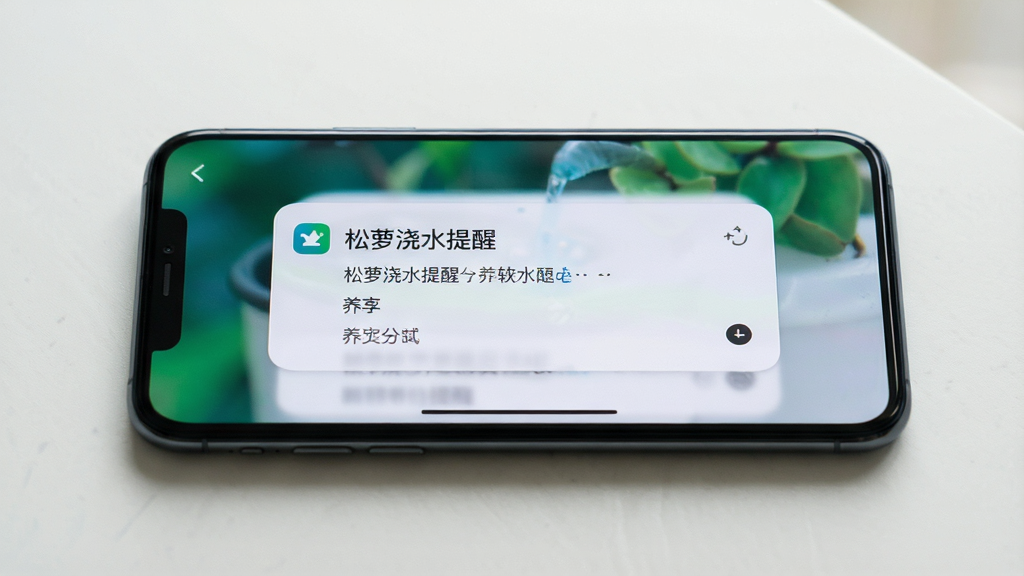 主体:松萝软件在手机上运行的实拍图,屏幕上显示养护提醒通知。布局:手机横放在桌面,屏幕亮起显示通知卡片。排版:居中构图,手机占据主体。风格:写实摄影。细节:通知卡片上写有“松萝浇水提醒”字样。画质:高清,干净,无多余元素。