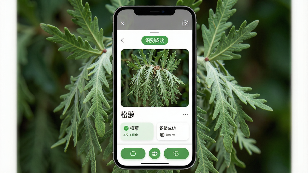 主体:松萝软件界面,显示植物识别结果页,页面中央是一株翠绿的松萝植物高清图片,上方有“识别成功”标签,下方列出植物名称“松萝”及关键信息卡片。布局:手机竖屏界面,上方为相机取景框样式,中间为识别结果展示区,底部为功能按钮栏。排版:信息层级分明,识别结果突出,按钮圆润。风格:清新自然,绿色主色调,白色背景,扁平化设计。细节:植物图片清晰,叶片纹理可见,界面文字“松萝”与“识别成功”清晰可读。画质:4K高清,干净,无多余元素。
