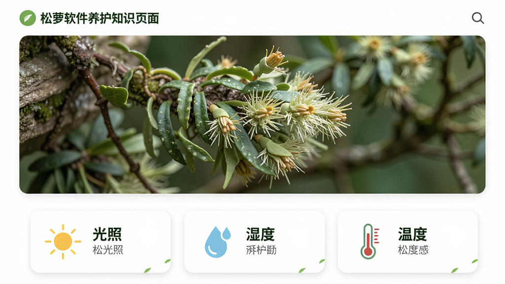 主体:松萝软件养护知识页面,展示松萝的养护要点列表。布局:上方为松萝生长环境实拍图,下方为文字卡片,分别标注“光照”、“湿度”、“温度”。排版:卡片式布局,图标简洁。风格:清新自然,绿色点缀。细节:每张卡片上有对应的图标,如太阳、水滴、温度计,文字清晰。画质:高清,干净,无多余元素。