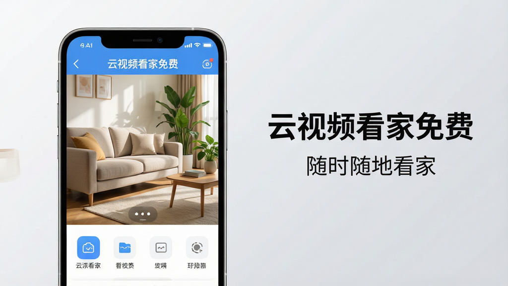 主体:一部智能手机屏幕显示“云视频看家免费”APP的实时监控画面,画面中是温馨的家庭客厅。布局:手机位于画面中央偏左,右侧留白处有文字“云视频看家免费”和“随时随地看家”字样,整体采用上下结构。排版:手机屏幕内展示监控画面,画面下方有功能按钮图标排列,背景为浅灰色渐变。风格:现代科技感与居家温馨感融合,色调明亮柔和。细节:界面图标清晰,监控画面中有沙发、绿植,光线自然。画质:4K超清,干净,无多余元素。