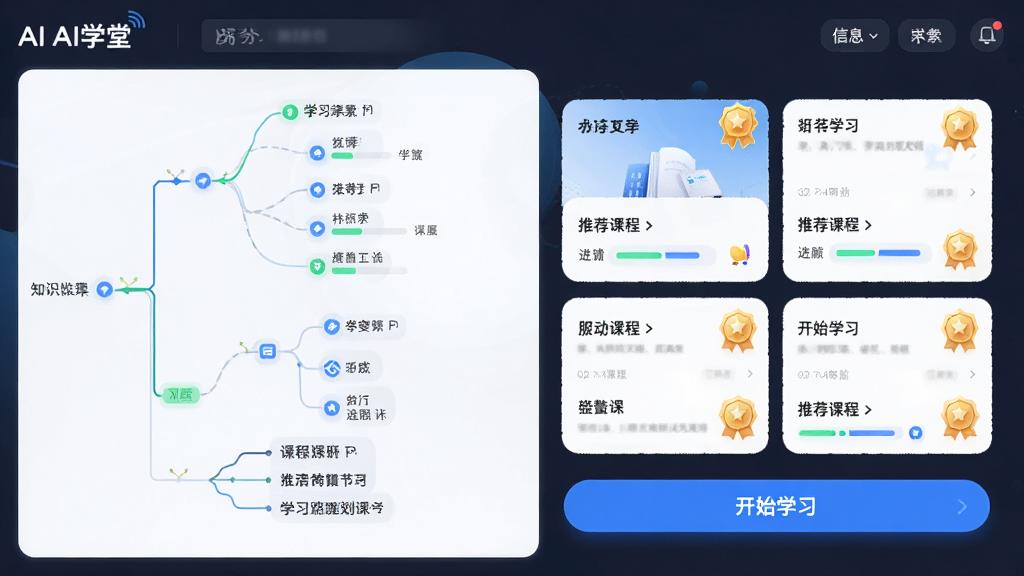 画面主体为“AI学堂”应用内的学习路径规划页面,左侧是知识树状图,右侧是推荐课程卡片,底部有“开始学习”按钮,布局清晰,排版简洁,采用信息可视化风格,细节上显示进度条和激励徽章,画质高清干净,无多余元素。