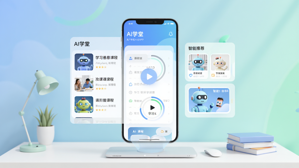 画面主体为“AI学堂”APP界面悬浮在整洁的书桌上方,界面显示课程列表和智能推荐卡片,背景是柔和渐变的蓝色与浅绿色,布局采用中心构图,扁平化设计风格,细节上突出播放按钮和学习进度环,整体画质高清干净,无多余元素。