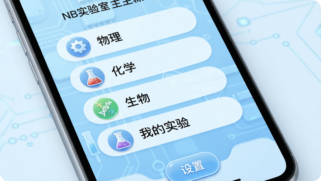 手机屏幕显示NB实验室的主菜单,菜单项包括“物理”“化学”“生物”“我的实验”,底部有设置按钮,背景为浅蓝色科技纹理,界面图标圆润,排版整齐,风格清新,画质高清,干净无多余元素