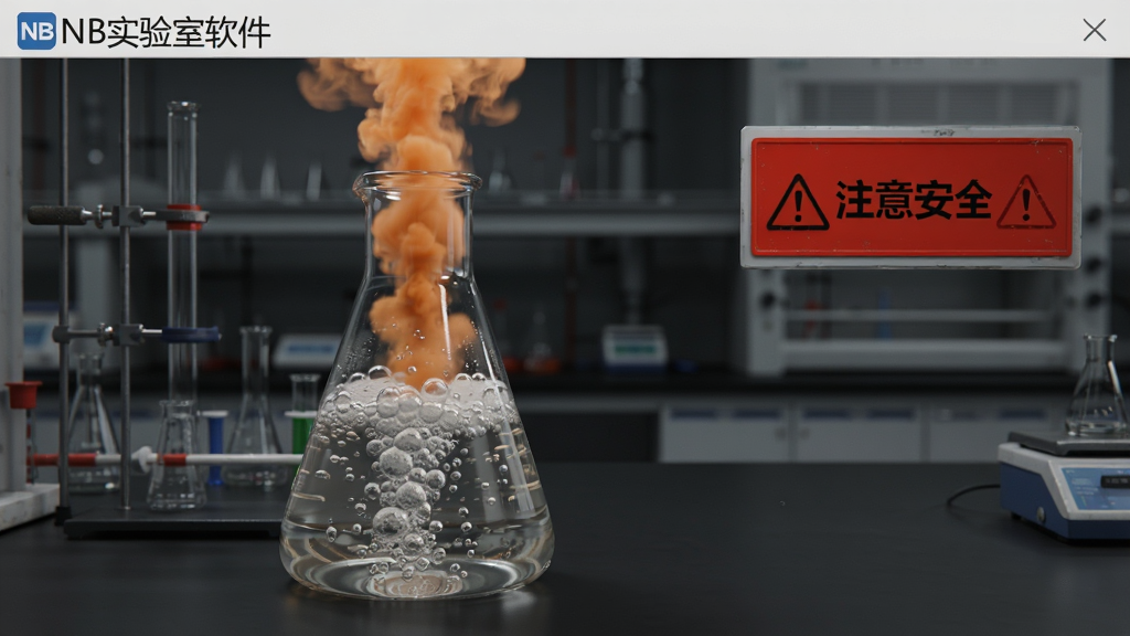 NB实验室软件中一个模拟爆炸的化学反应实验画面,烧瓶内液体沸腾冒泡并产生橙色烟雾,屏幕上有“注意安全”警示标志,整体画面具有警示感,背景为深灰实验室环境,排版集中,风格写实,画质清晰,干净无多余元素