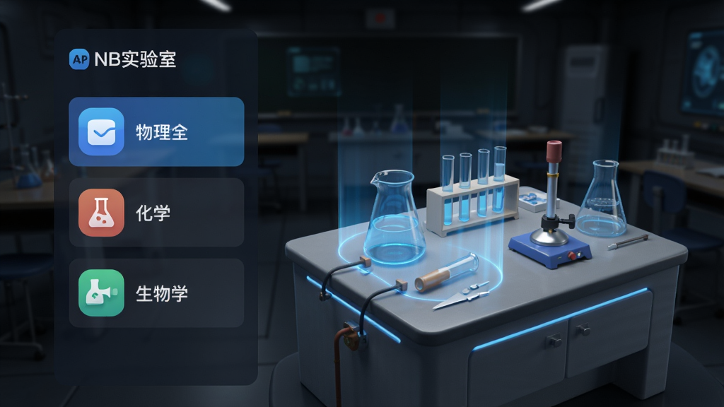画面中央展示“NB实验室”APP界面,左侧列表显示物理、化学、生物学科图标,右侧是3D虚拟实验台,台面上摆放着烧杯、试管、酒精灯等器材,有蓝色透明光效,背景为深色科技感教室,整体布局清晰,排版整洁,风格写实且富有科技感,细节精致,画质高清,干净无多余元素