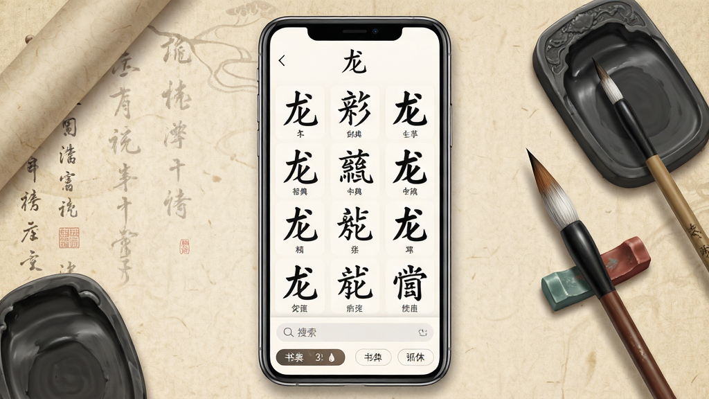 一幅展示书法字典大全应用界面的高清数字插画,主体为智能手机屏幕显示汉字“龙”的多种书体对比列表,屏幕下方有搜索栏和书体筛选按钮,背景为古朴宣纸纹理与毛笔、砚台等元素,布局居中,排版清晰,风格写实且带有淡雅中国风,细节丰富,画质细腻干净,无多余元素