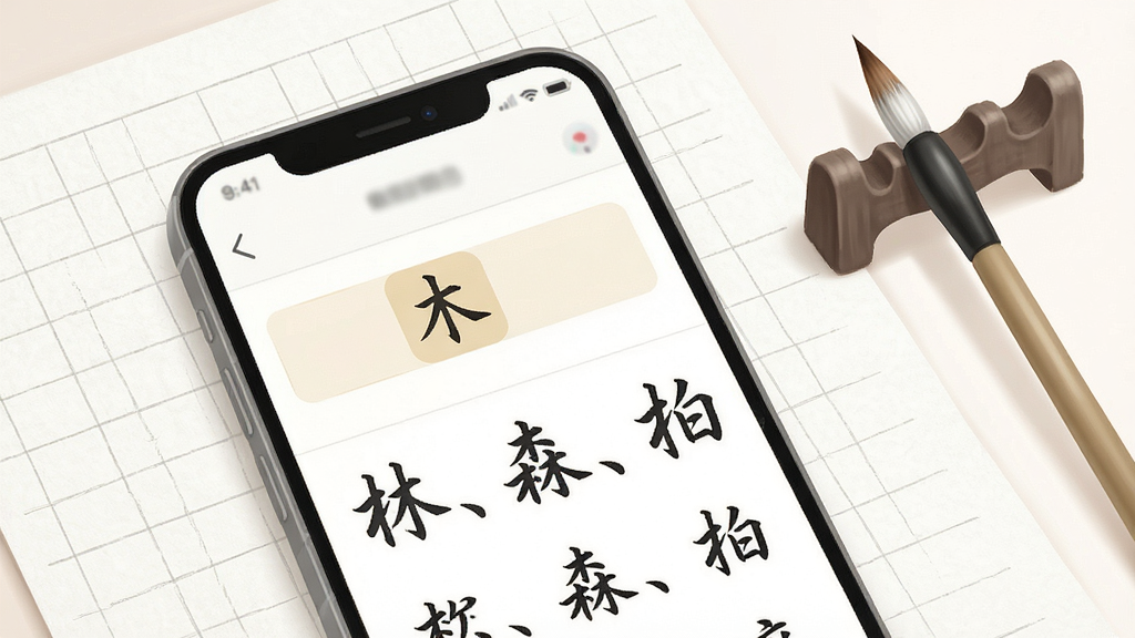 一幅展示书法字典大全反查检索功能的插画,主体为手机界面显示部首检字表,高亮选中“木”部,下方展示“林、森、柏”等字的行书写法,背景为格子稿纸与毛笔搁架,布局网格化,排版清晰,风格简约明亮,细节柔和,画质干净无多余元素