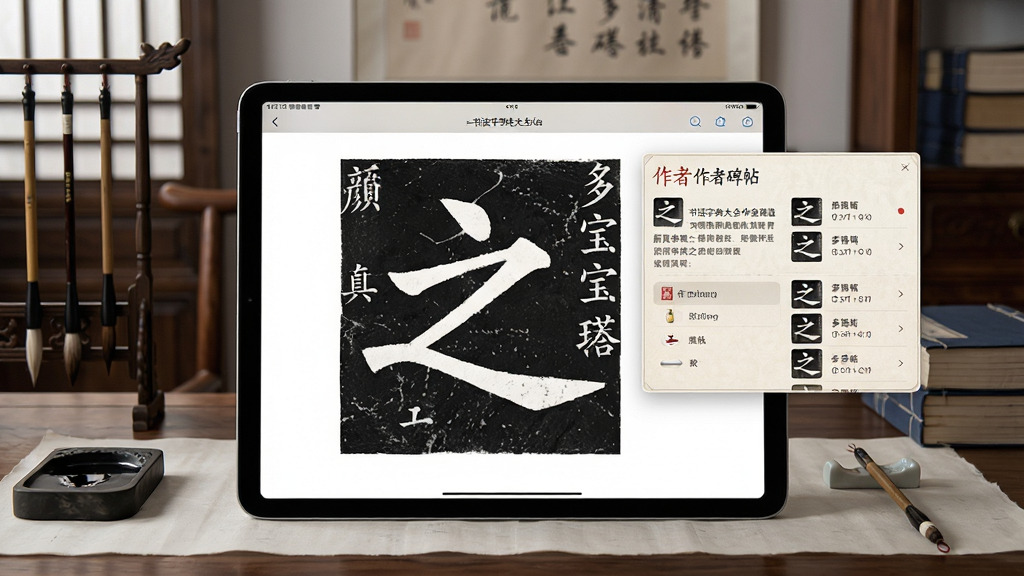 一幅展示书法字典大全作者溯源功能的界面图,主体为平板电脑显示颜真卿《多宝塔碑》中的“之”字,右侧弹出作者简介卡片与相关碑帖列表,背景为古代书房场景,布局左右对称,排版规整,风格古雅写实,细节包含笔墨纸砚等元素,画质锐利干净,无多余元素