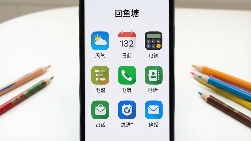 手机屏幕展示“回鱼塘”的工具集合页面,以九宫格形式排列图标,包括天气、日历、计算器、电话簿等,每个图标下方有中文文字标签。主体为手机直立摆放,背景为纯白色桌面,旁边散布几支彩色铅笔。布局采用正面平视角度,图标大小统一,排列整齐。风格为扁平化界面截图,细节图标线条流畅,画质清晰,干净无多余元素。