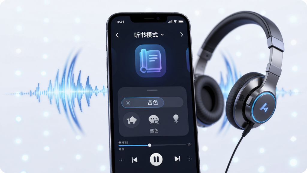 话本小说APP听书模式展示图,主体为手机界面配有耳机与声波波纹特效,布局创意,风格科技感十足,细节展示播放控制条与音色选择菜单,画质细腻干净,无多余元素。