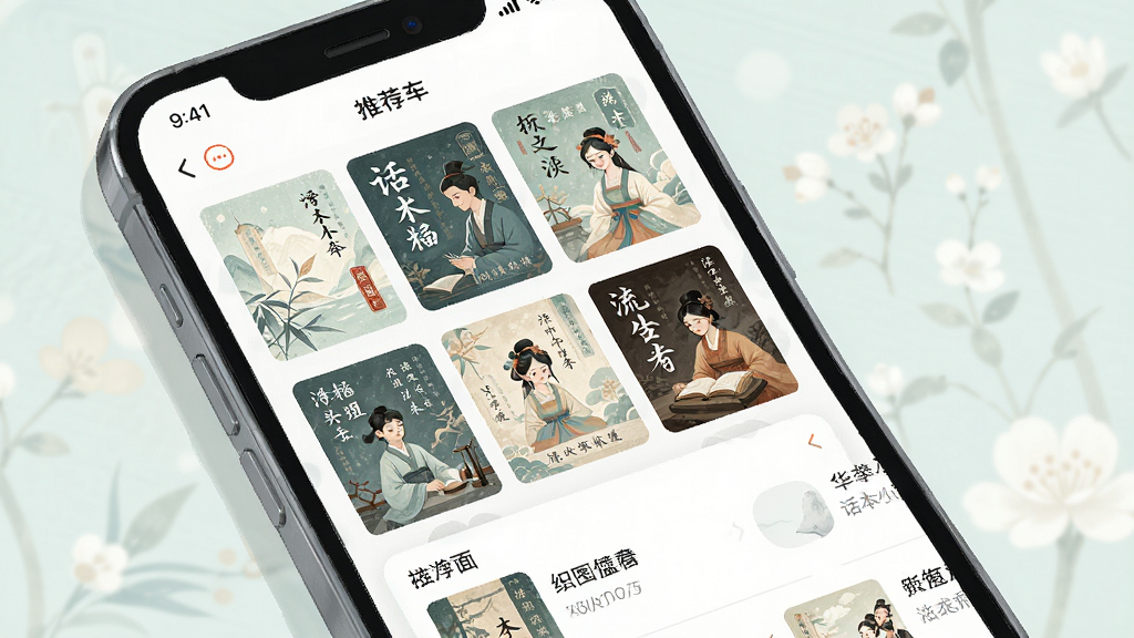一幅展示话本小说APP核心界面的高清数字插画,主体为一部智能手机屏幕特写,屏幕内显示精美的小说封面墙与推荐列表,布局整齐,风格清新文艺,色彩柔和淡雅,细节丰富,画质干净,无多余元素。