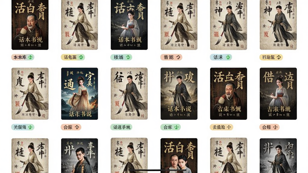 话本小说APP书库界面截图风格图片,主体为网格状排列的小说封面缩略图,布局整齐有序,风格现代简约,细节展示丰富多样的书籍类别标签,画质清晰干净,无多余元素。