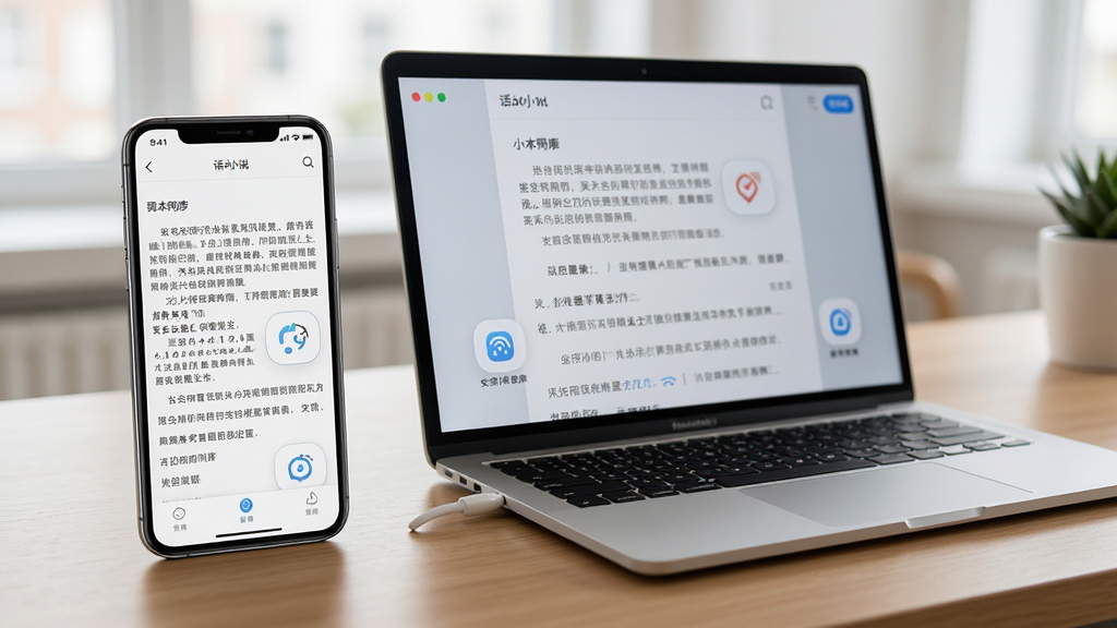 手机与电脑并排展示话本小说使用场景的图片,主体为一部手机和一台笔记本电脑,屏幕上均显示阅读界面,布局对比鲜明,风格现代实用,细节展示多设备同步功能,画质清晰干净,无多余元素。