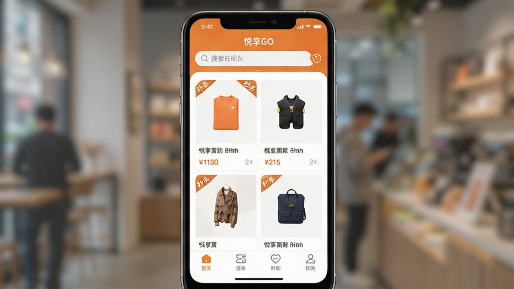画面主体为一部亮屏的智能手机,屏幕内清晰展示“悦享GO”购物App首页界面,顶部搜索栏与底部导航栏完整可见,中部为多张商品瀑布流卡片。布局采用手机居中、背景虚化处理,突出屏幕内容。排版简洁明了,界面元素排列有序,风格现代简约,色彩以暖橙色与白色为主,细节包含价格标签、折扣角标与“秒杀”字样,整体画质高清、干净,无多余元素。