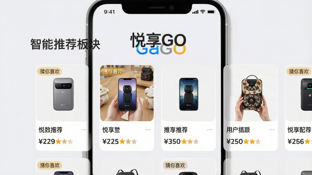 画面主体为手机截图风格的展示图,中央标题文字“悦享GO”智能推荐板块,下方横向排列多个商品卡片,每张卡片包含商品图片、名称与价格。布局采用网格状排版,背景为浅灰色,风格清爽明亮,细节包含“猜你喜欢”小标签与个性化评分星标,画质干净清晰,无杂乱元素。