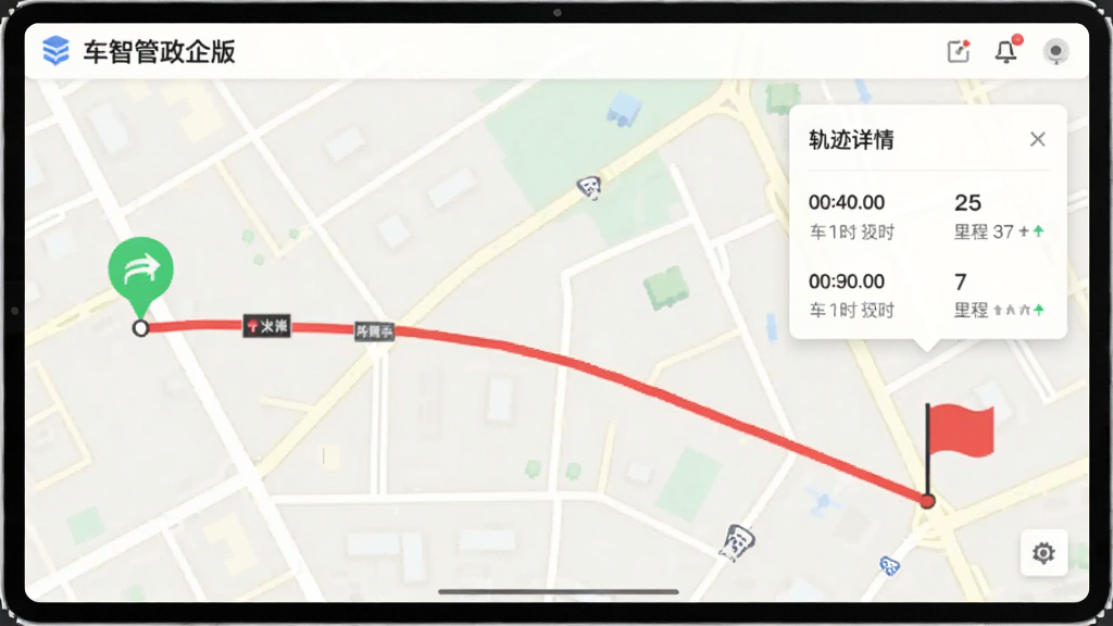 展示车智管政企版地图轨迹界面,背景为淡色街道地图,一条红色路线贯穿屏幕,起点有绿色图标,终点为红色旗帜,右侧弹出轨迹详情卡片显示时间与里程,整体界面简洁明快,扁平化设计,画质干净,无多余元素