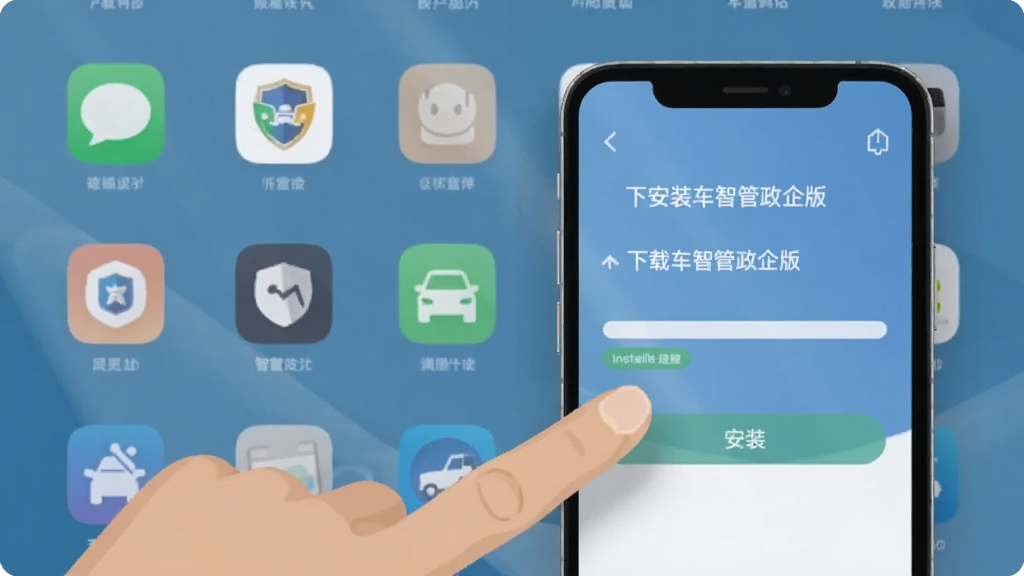展示手机上下载安装车智管政企版的步骤,背景为桌面图标,手指点击“安装”按钮,屏幕显示安装进度条,界面干净简洁,商务风格,扁平化,画质清晰,无多余元素