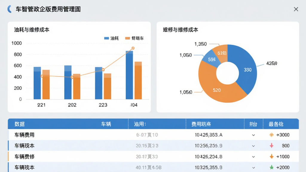 车智管政企版费用管理界面,显示柱状图与饼图统计油耗与维修成本,下方为数据表格列出各车辆费用明细,背景为浅灰色,卡片式设计,蓝色与橙色配色,整体商务清晰,扁平化风格,画质干净,无多余元素
