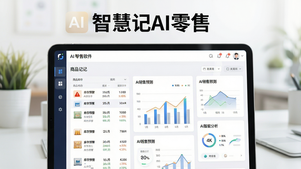 主体:智慧记AI零售软件主界面在平板或手机上展示,屏幕清晰显示商品库存列表、销售图表和AI智能分析卡片;布局:中心为软件界面特写,四周留白,背景搭配柔和办公环境;排版:界面元素规整,图表数据可视化,标题“智慧记AI零售”置于图片上方;风格:现代商务科技感,明亮通透,扁平化设计;细节:高亮显示“库存预警”、“AI销售预测”模块,屏幕反光自然;画质:4K高清,干净无多余元素。