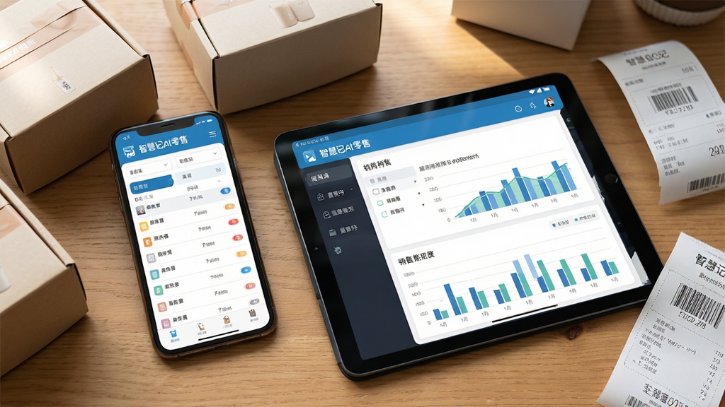 主体:一部手机和一台平板同时显示智慧记AI零售软件界面,周围有商品包装盒和收银小票;布局:设备错落摆放,屏幕内容清晰可见;排版:背景为木质桌面,自然光照明;风格:生活化场景实拍风格;细节:屏幕显示库存列表和销售图表,软件名称“智慧记AI零售”在顶部;画质:高清,干净无多余元素。