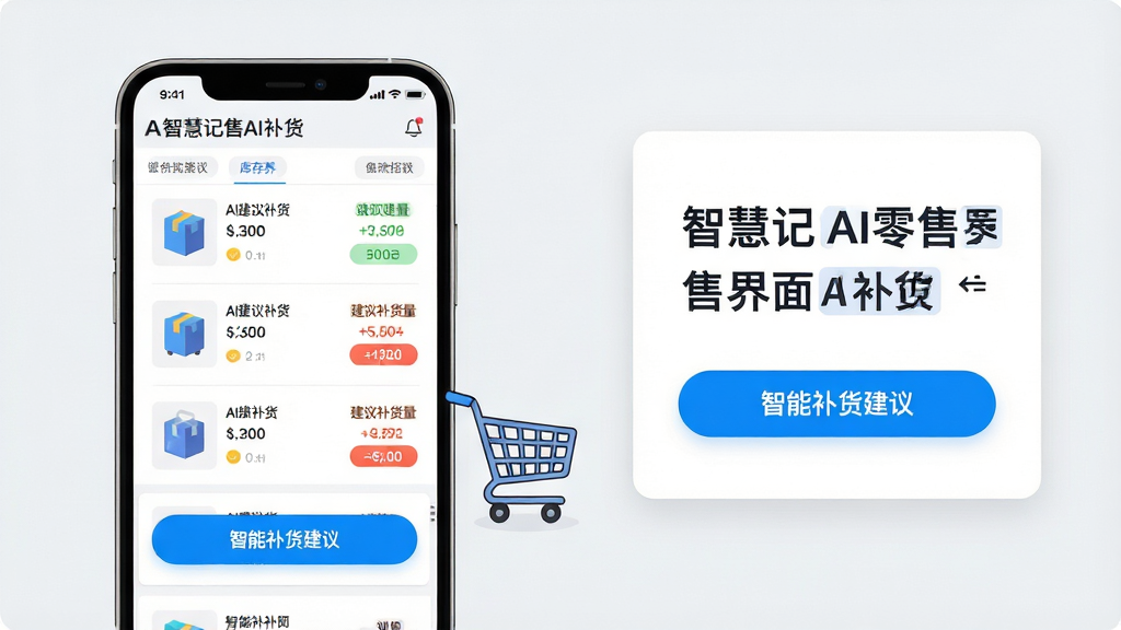 主体:智慧记AI零售AI补货界面,手机屏幕展示商品列表和“智能补货建议”按钮,旁边有虚拟购物车图标;布局:左侧为软件界面截图,右侧配文字说明卡片;排版:界面数据列表清晰,按钮颜色突出,背景为干净浅灰色;风格:简洁商业插画风;细节:商品图片、库存数字、建议补货量用不同颜色标注,写上“AI建议补货”字样;画质:高清,干净无多余元素。