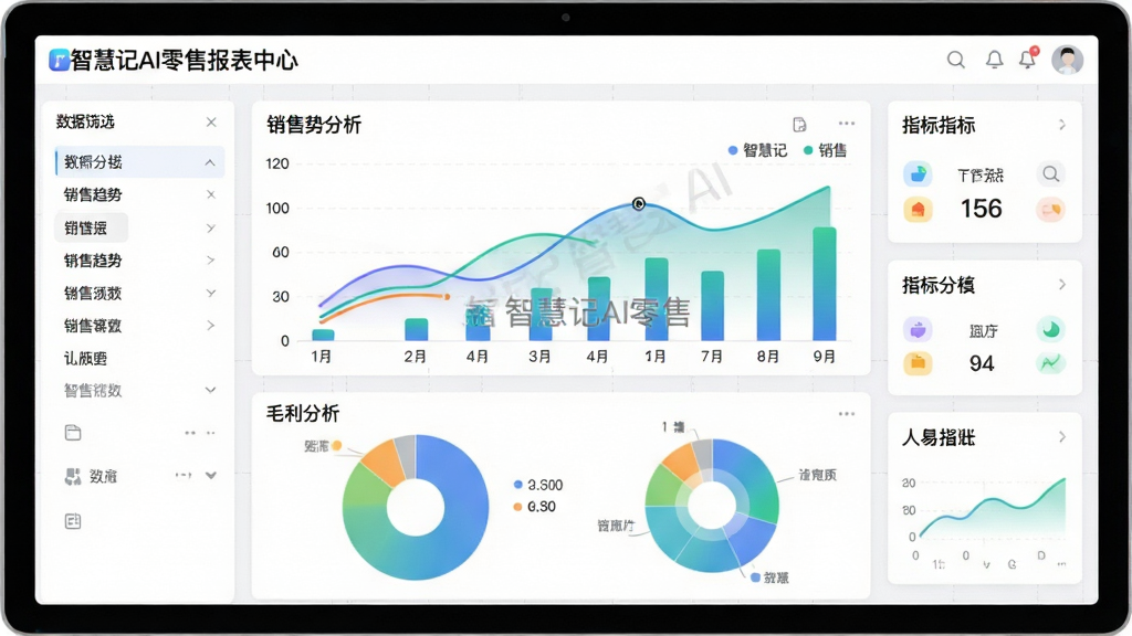 主体:智慧记AI零售报表中心界面,屏幕显示彩色销售趋势图和毛利分析饼图;布局:图表居中,左侧为数据筛选栏,右侧为指标卡片;排版:图形美观,数据标签清晰,背景为白底浅灰网格;风格:商务数据可视化风格;细节:图表标题“销售趋势分析”,曲线平滑,柱状图渐变蓝绿色,标注“智慧记AI零售”水印;画质:高分辨率,干净无多余元素。