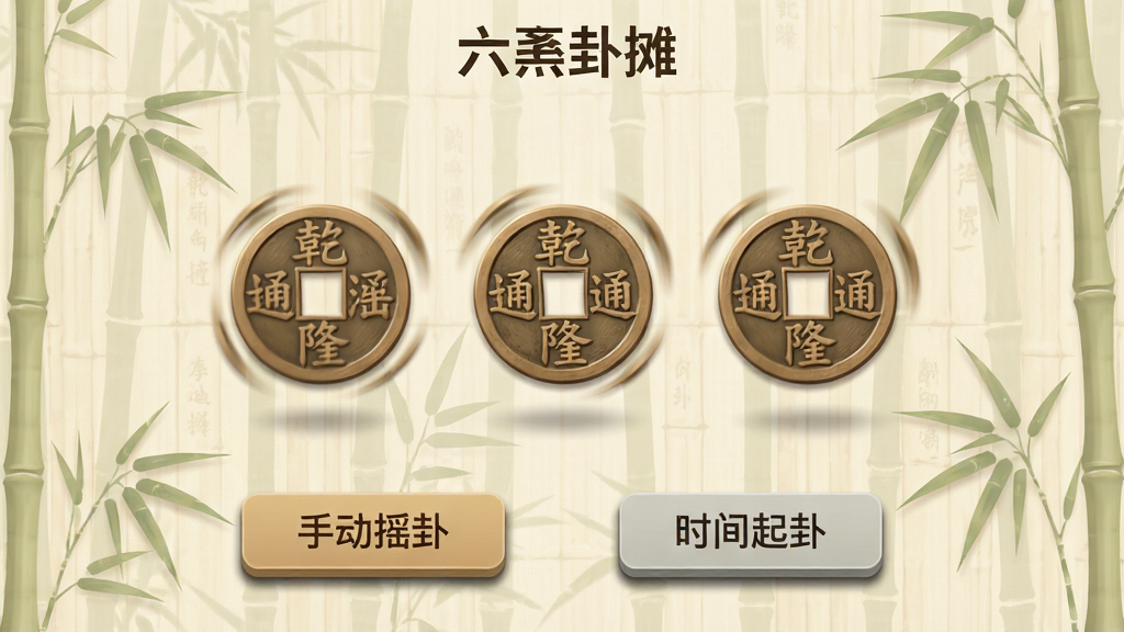 主体:应用“六爻卦摊”的起卦页面,屏幕中央有三枚正在翻转的铜钱,下方有“手动摇卦”与“时间起卦”两个按钮。布局:左右对称,铜钱动态显示,按钮位于底部。排版:界面简洁,功能图标配以文字标签。风格:拟物化与扁平化结合,背景为淡雅的竹纹。细节:铜钱上的“乾隆通宝”字样清晰,按钮有按压阴影效果。画质:高保真,干净,无多余元素。