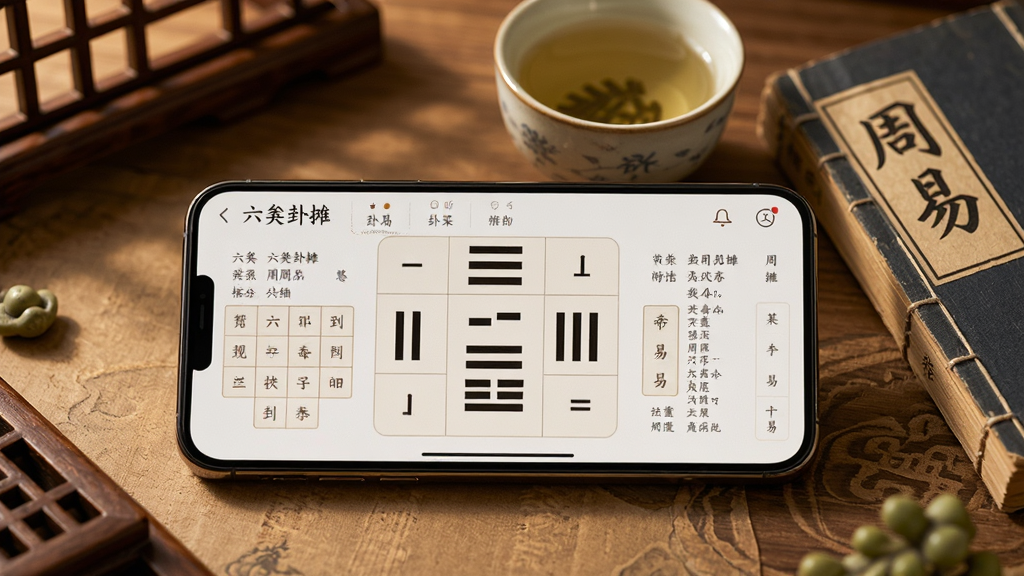 主体:一部智能手机横屏显示“六爻卦摊”的排盘结果,屏幕上有完整的卦象和文字解读,手机旁放置一杯清茶和一本《周易》古籍。布局:手机居中,周围点缀古典元素。排版:界面清晰,文字可读性强。风格:暖色调摄影风格,突出古雅氛围。细节:卦象符号清晰,古籍封面可见“周易”二字。画质:高清,干净,无多余元素。