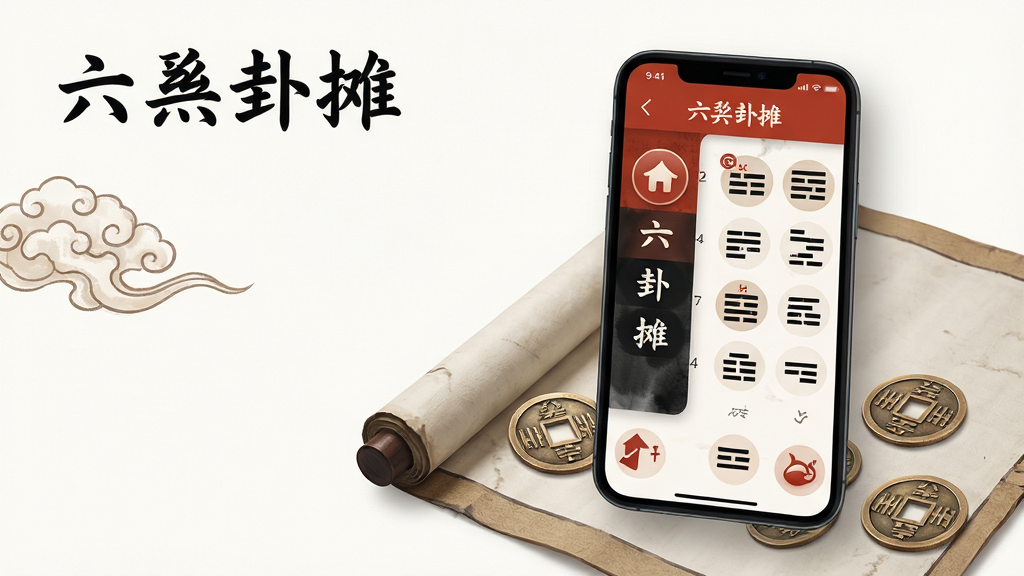 主体:一款名为“六爻卦摊”的智能手机应用界面悬浮于古风书卷之上,界面显示清晰的六爻卦象与铜钱元素。布局:手机位于画面中央偏右,左侧留白配以飘逸的云纹,顶部有“六爻卦摊”字样。排版:手机屏幕内展示主菜单与卦象列表,文字排列整齐。风格:中国风水墨插画与现代UI结合,色调以朱砂红、墨黑与宣纸白为主。细节:铜钱质感逼真,卦象符号清晰,界面图标圆润精致。画质:高清渲染,干净,无多余元素。