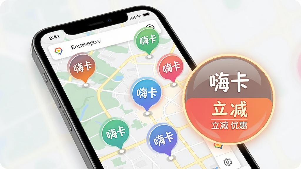 一幅基于地图界面的“嗨卡”服务展示图,主体是手机地图上分布着多个带有“嗨卡”标识的彩色气泡点,每个气泡点代表一个合作商户,其中几个气泡点被高亮放大显示,展示商户名称和“立减”优惠信息,布局直观,风格现代,细节清晰,画质干净。