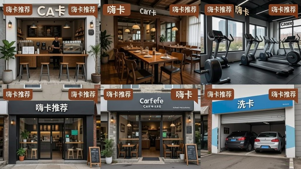 一张展示“嗨卡”平台合作商户集合的预览图,主体是错落有致的各类商户门面照片拼贴,包括咖啡馆、餐厅、健身房和洗车店,每张照片角落都带有“嗨卡推荐”的小标签,布局为整齐的网格状,风格真实自然,细节丰富,画质清晰,无多余元素。