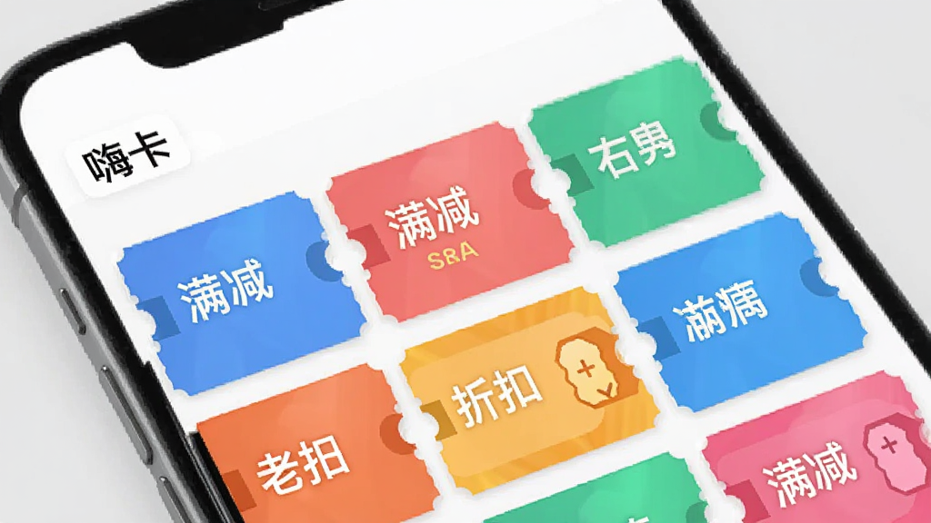 一幅展示“嗨卡”APP内优惠券包的预览图,主体是手机屏幕上排列着多张色彩各异的优惠券卡片,卡片上有“满减”、“折扣”等字样,背景为淡雅的浅灰色,布局清晰,风格简洁明亮,突出数字优惠信息,画质干净,无多余元素。