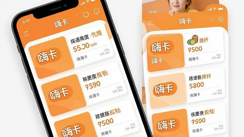 一幅现代简约风格的手机应用界面预览图,主体是“嗨卡”APP的主屏幕,界面清晰展示附近合作商户的优惠卡片列表,布局整齐,色彩明快,以暖橙色和白色为主色调,卡片上印有“嗨卡”字样和商户折扣信息,整体风格扁平化设计,画质干净清晰,无多余元素。
